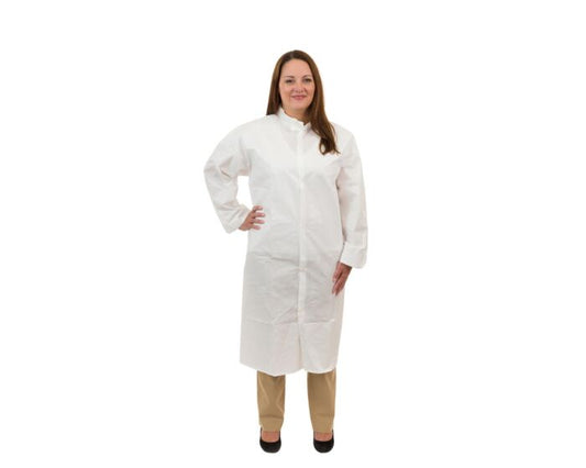 Woman wearing a white lab coat on a white background