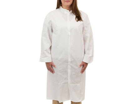 Person wearing a white lab coat on a white background