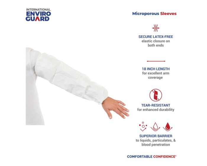 White microporous sleeve with text detailing features on a white background