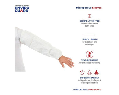 White microporous sleeve with text detailing features on a white background