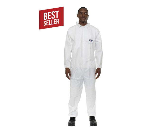 International Enviroguard ValuGuard MP 8112 white microporous disposable coverall, front view with elastic wrists, open ankles, collar, and front zipper