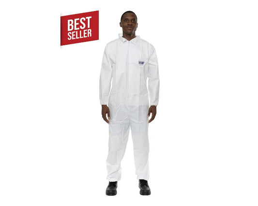 International Enviroguard ValuGuard MP 8112 white microporous disposable coverall, front view with elastic wrists, open ankles, collar, and front zipper