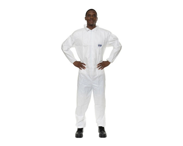 International Enviroguard ValuGuard MP 8112 white microporous disposable coverall, side view showing fit
