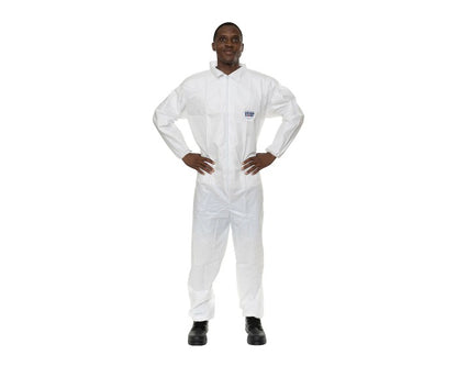 International Enviroguard ValuGuard MP 8112 white microporous disposable coverall, side view showing fit
