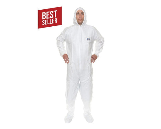 International Enviroguard ValuGuard MP 8119 white microporous coverall with attached hood and boots, front view