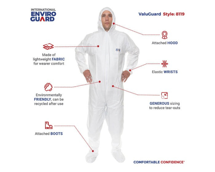 International Enviroguard ValuGuard MP 8119 hooded and booted microporous coverall, standing view
