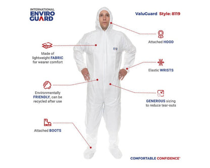International Enviroguard ValuGuard MP 8119 hooded and booted microporous coverall, standing view