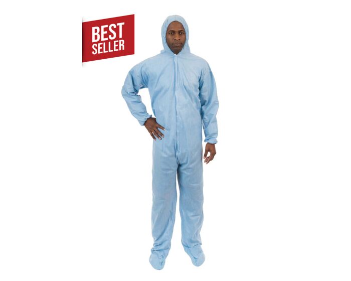 Person wearing a blue coverall with a 'Best Seller' label on a white background