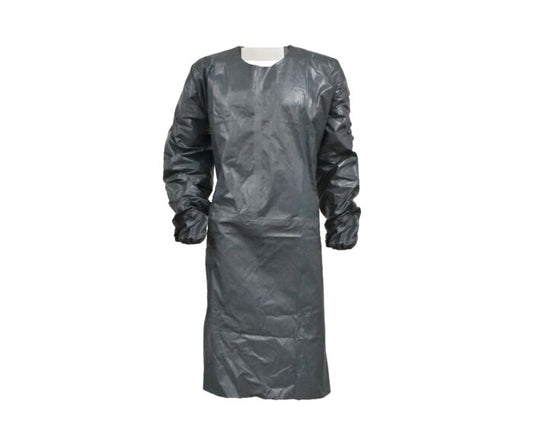 Gray disposable medical gown on a white background