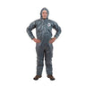 Person wearing a gray protective suit on a white background