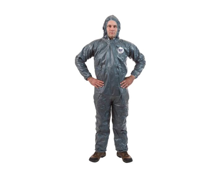 Person wearing a gray protective suit on a white background