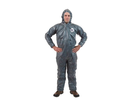Person wearing a gray protective suit on a white background
