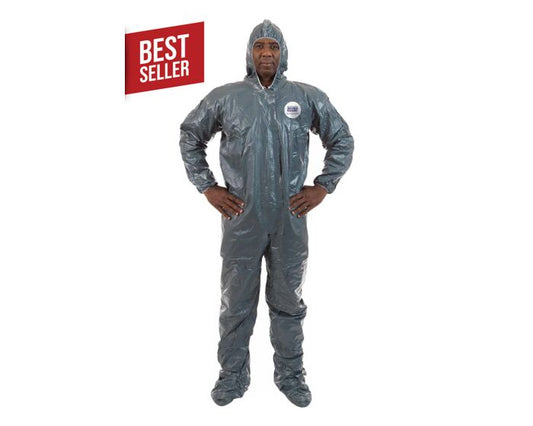 Person wearing a gray protective suit with a 'Best Seller' label on a white background