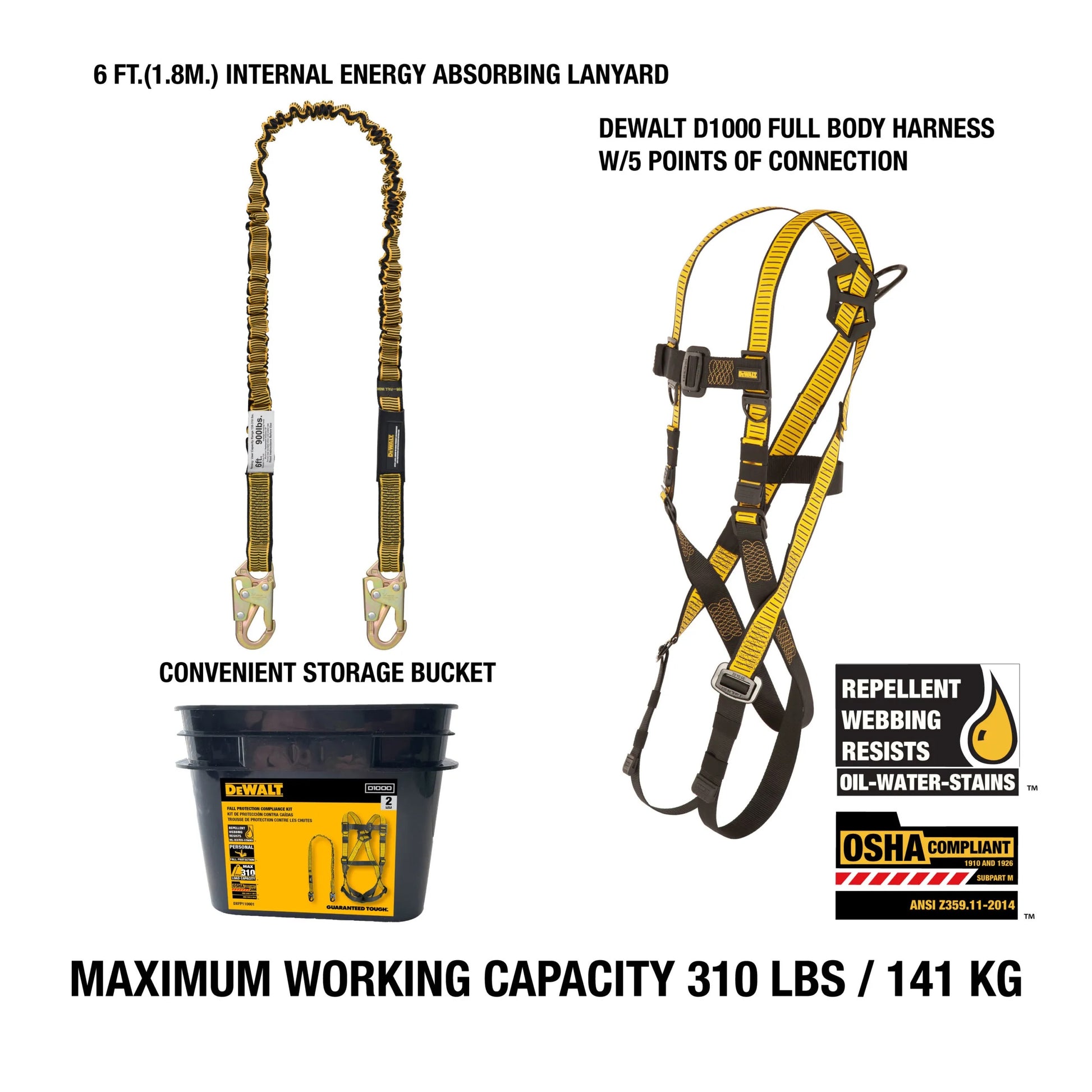 DEWALT Fall Protection Compliance kit includes D1000 Harness with PT Legs, and a 6 Ft Lanyard | DXFP110001 - Hollis Supply