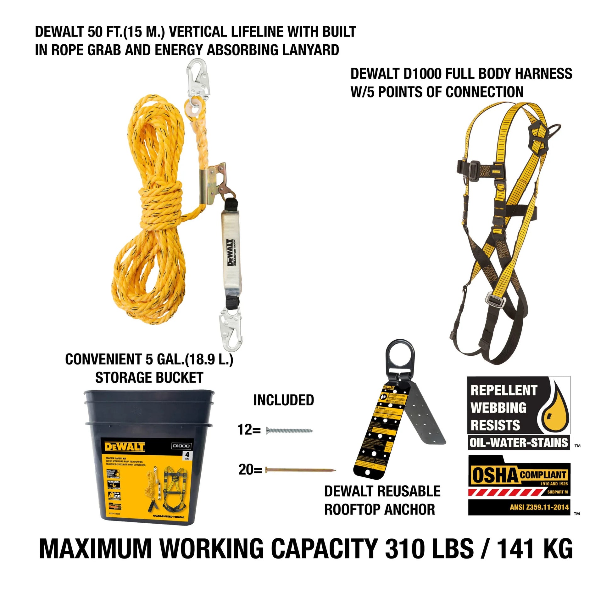 DEWALT Rooftop safety kit includes D1000 harness with PT Legs, 50' vertical lifeline w/rope adjustor | DXFP110050 - Hollis Supply