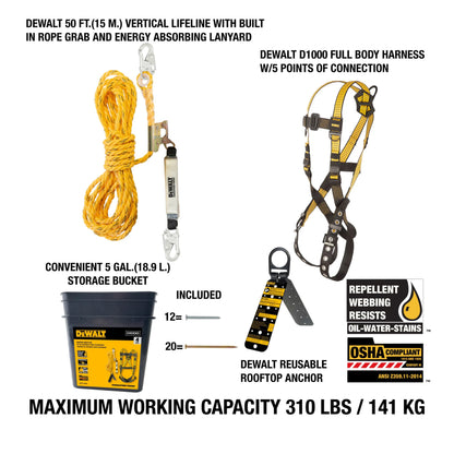 DEWALT Rooftop safety kit with D1000 harness, 50' lifeline w/ reusable rooftop anchor | DXFP120050 - Hollis Supply