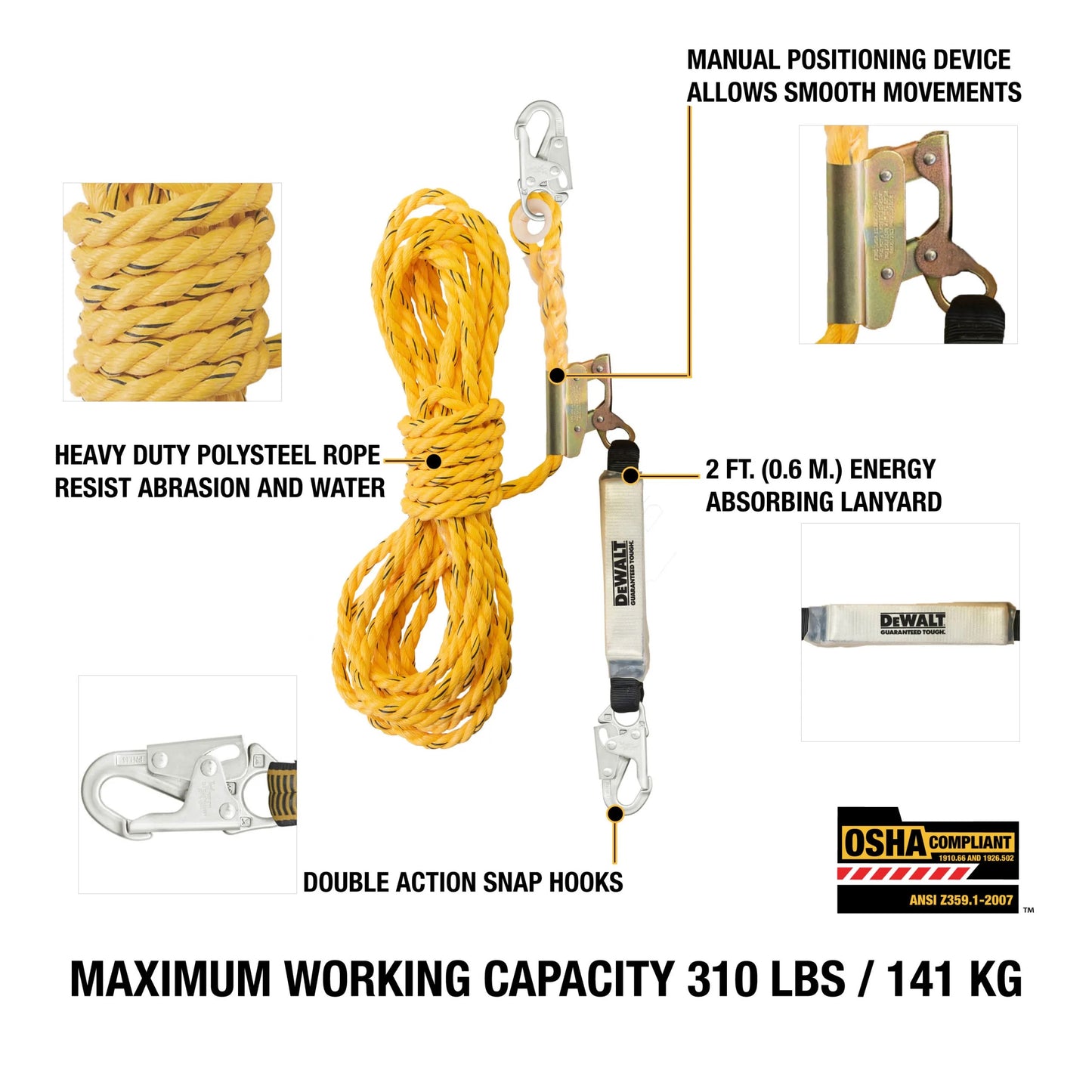 DEWALT 50' Vertical Lifeline with Rope Adjustor | DXFP210050 - Hollis Supply