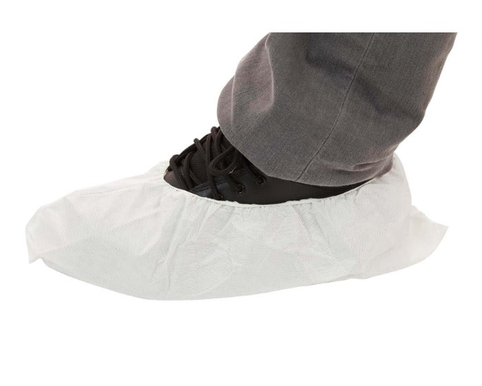 International Enviroguard Body Filter 95+ Style 4100 white disposable shoe covers with black anti-skid vinyl sole and elastic closure, N95-level particle filtration
