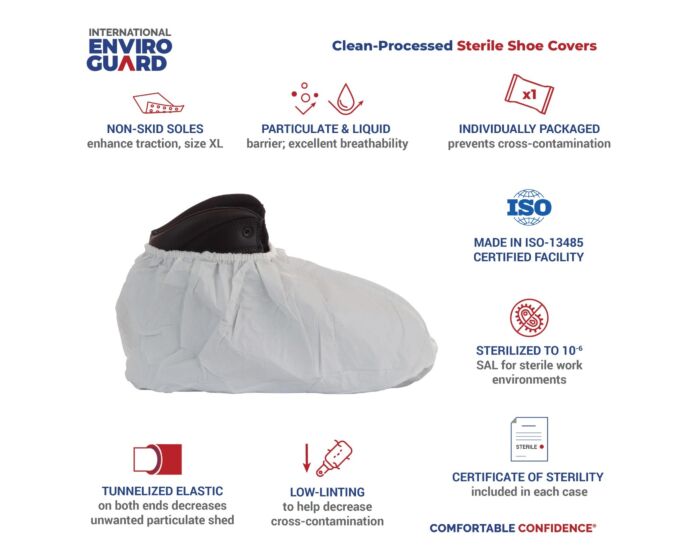 White shoe cover with features listed on a white background