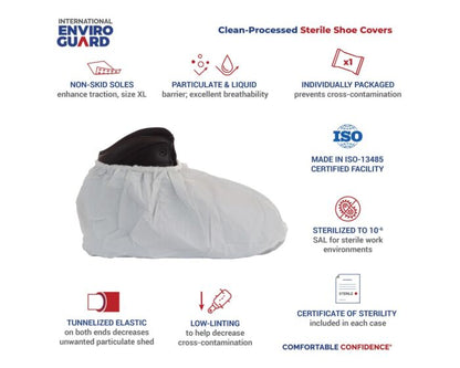White shoe cover with features listed on a white background