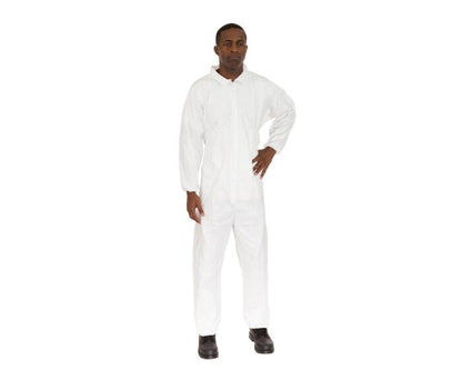 Person wearing a white coverall on a white background