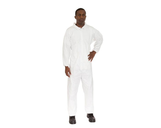 Person wearing a white coverall on a white background