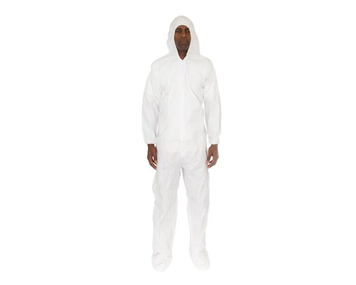 Person wearing a white coverall on a white background