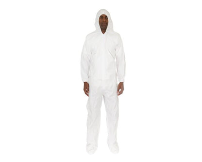 Person wearing a white coverall on a white background