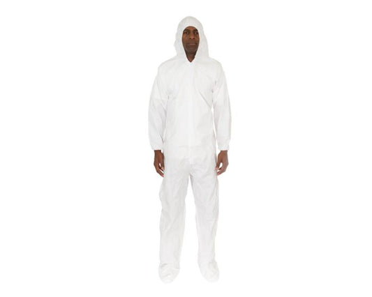 Person wearing a white coverall on a white background