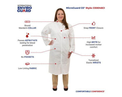 Person wearing a white lab coat with features highlighted on a white background, branded as International Enviro Guard.