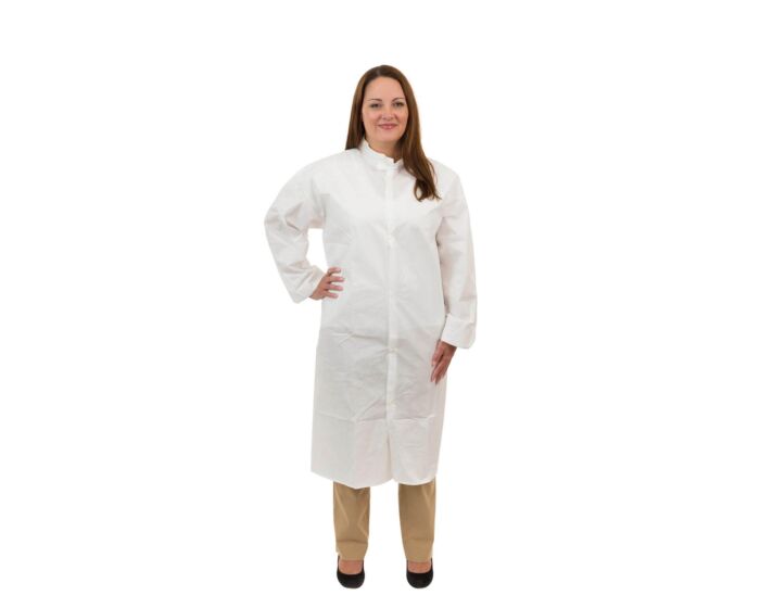 Person wearing a white lab coat on a white background