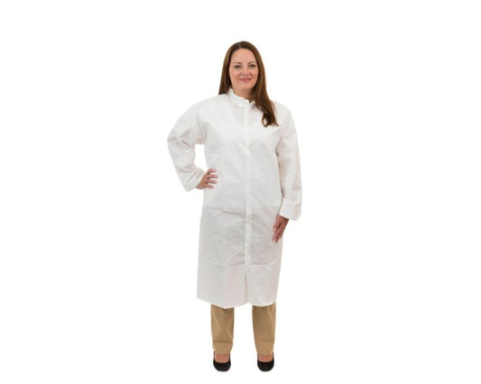 Person wearing a white lab coat on a white background