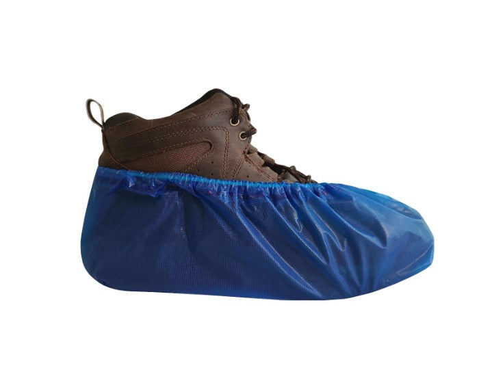 International Enviroguard heavy-duty CPE waterproof disposable blue shoe cover with elastic ankle, Style 3607B