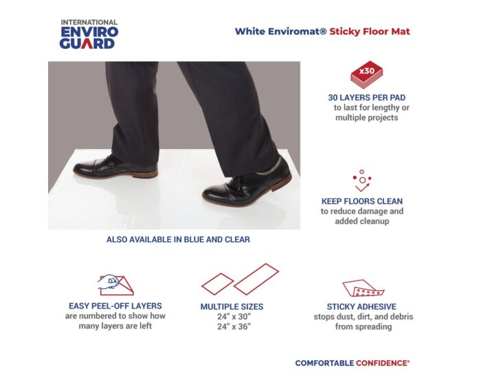 White Enviromat Sticky Floor Mat with features highlighted on a gray background