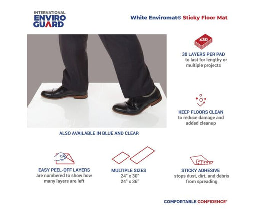 White Enviromat Sticky Floor Mat with features highlighted on a gray background