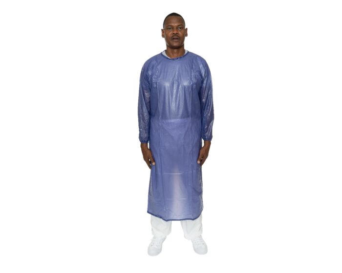 Blue PVC Cleanroom Chemical Apron - Long Sleeves, Tunnelized Elastic Wrists, Tie Closure, Clean Processed (Case of 18) | Style IT6CAB - Hollis Supply
