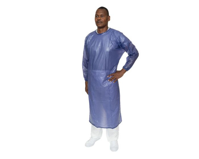 Blue PVC Cleanroom Chemical Apron - Long Sleeves, Tunnelized Elastic Wrists, Tie Closure, Clean Processed (Case of 18) | Style IT6CAB - Hollis Supply