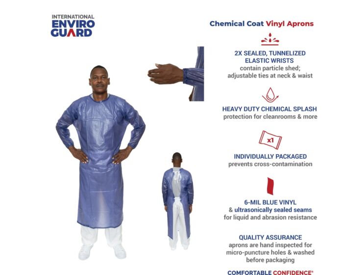 Blue PVC Cleanroom Chemical Apron - Long Sleeves, Tunnelized Elastic Wrists, Tie Closure, Clean Processed (Case of 18) | Style IT6CAB - Hollis Supply