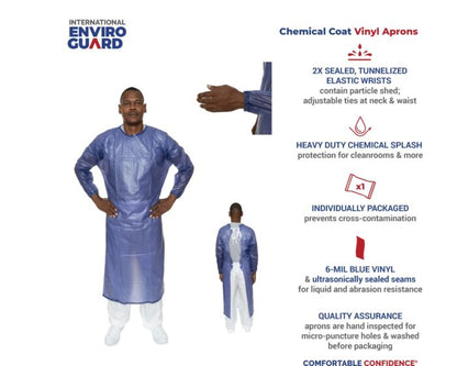 Blue PVC Cleanroom Chemical Apron - Long Sleeves, Tunnelized Elastic Wrists, Tie Closure, Clean Processed (Case of 18) | Style IT6CAB - Hollis Supply