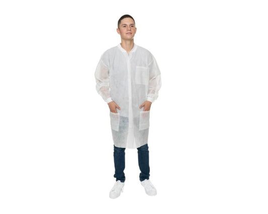 Person wearing a white disposable lab coat on a white background