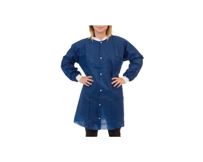 Person wearing a blue lab coat on a white background