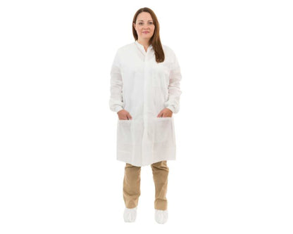 Person wearing a white lab coat on a white background