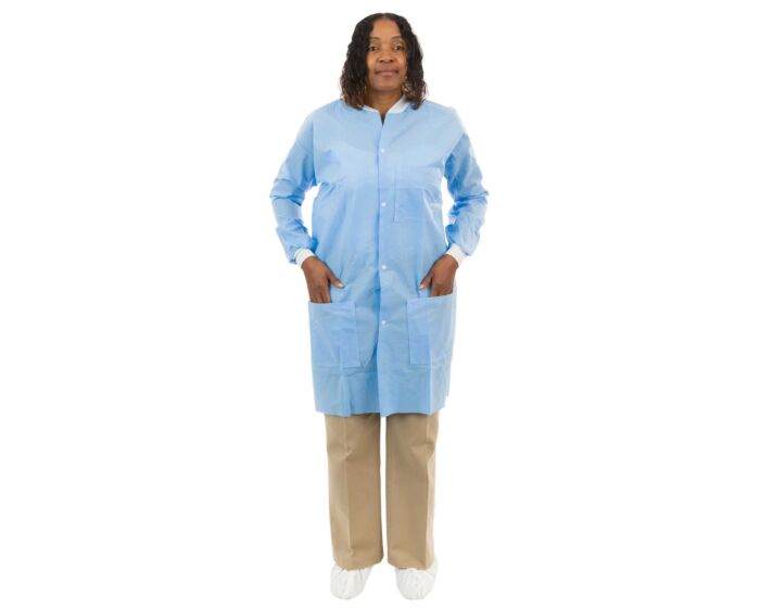 Person wearing a light blue lab coat on a white background