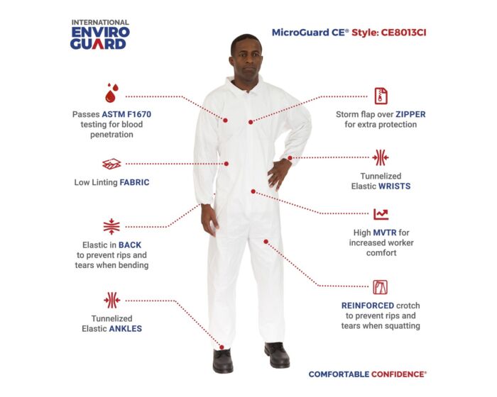 White coverall with features highlighted on a white background, branded as International Enviro Guard.