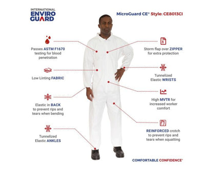 White coverall with features highlighted on a white background, branded as International Enviro Guard.