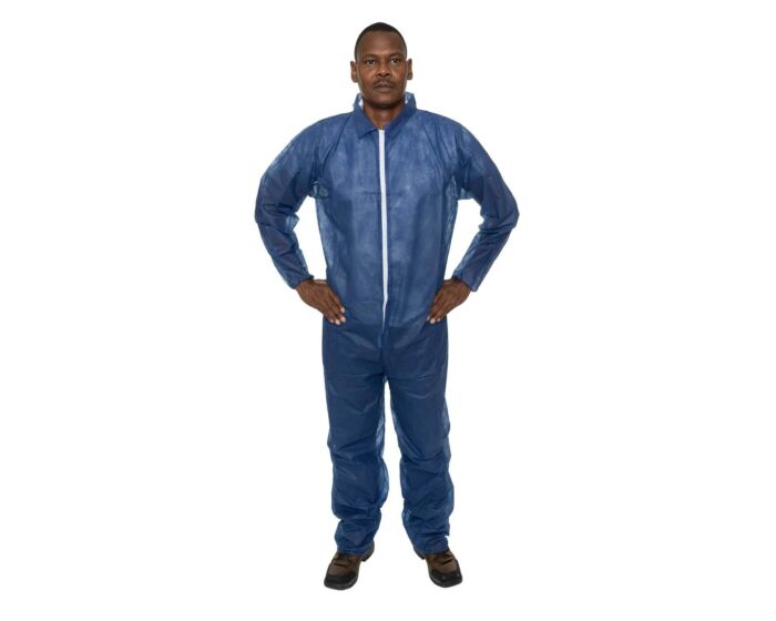 Man wearing a blue coverall on a white background