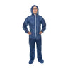 Person wearing a blue raincoat and pants on a white background