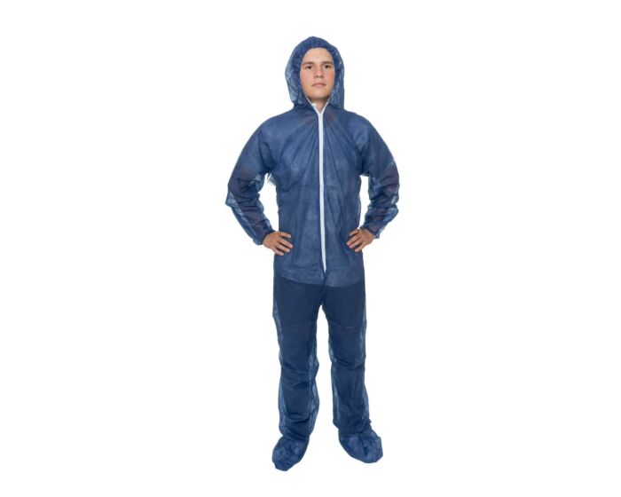 Person wearing a blue raincoat and pants on a white background