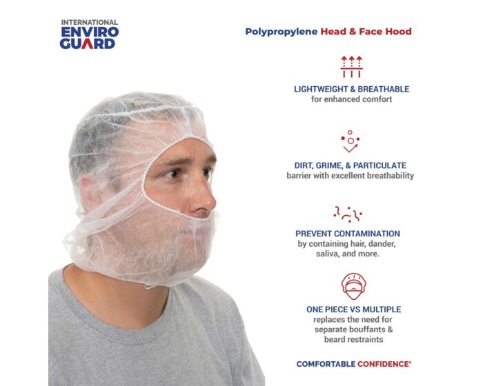 Person wearing a polypropylene head and face hood with product features highlighted.