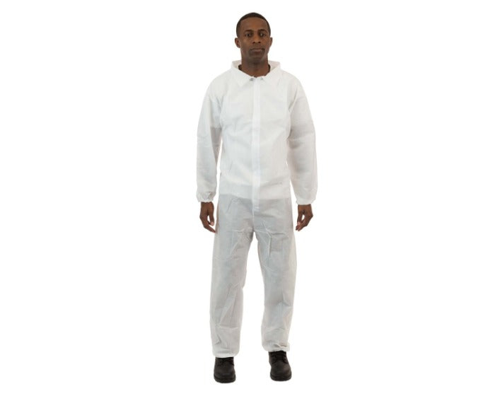 International Enviroguard Style 2223 white SMS disposable coverall with elastic wrist and elastic ankle, storm flap over front zipper, 3-layer protection